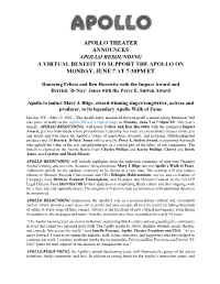 Apollo Resounding a Virtual Benefit to Support the Apollo on Monday, June 7 at 7:30Pm Et