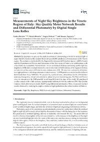 Measurements of Night Sky Brightness in the Veneto Region of Italy: Sky Quality Meter Network Results and Diﬀerential Photometry by Digital Single Lens Reﬂex