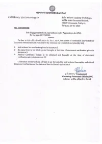 Dv Dates & Candidates List for Central Workshop