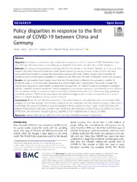 Policy Disparities in Response to the First Wave of COVID-19 Between China and Germany Yuyao Zhang1, Leiyu Shi2, Haiqian Chen1, Xiaohan Wang1 and Gang Sun1,2*