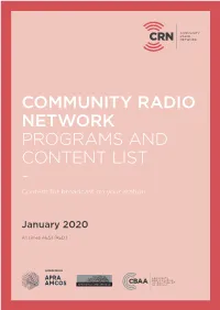 COMMUNITY RADIO NETWORK PROGRAMS and CONTENT LIST - Content for Broadcast on Your Station