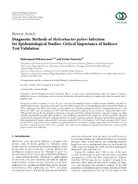 Review Article Diagnostic Methods of Helicobacter Pylori Infection for Epidemiological Studies: Critical Importance of Indirect Test Validation