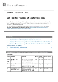 Call List for Tue 01 Sep 2020