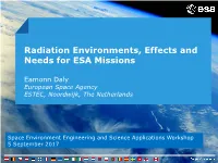 Radiation Environments, Effects and Needs for ESA Missions