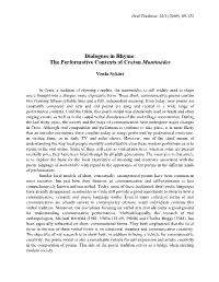 Dialogues in Rhyme: the Performative Contexts of Cretan Mantinádes