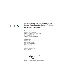 Archaeological Survey Report for the Centre City Shopping Center Project