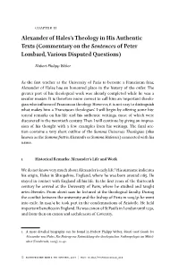Alexander of Hales'stheology in His Authentic Texts (Commentary On