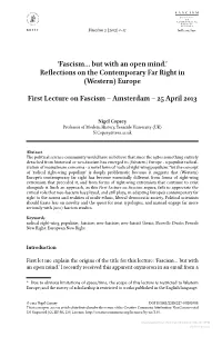 Reflections on the Contemporary Far Right in (Western) Europe First Lecture on Fascism