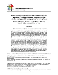 A Long-Necked Tanystropheid from the Middle Triassic Moenkopi Formation (Anisian) Provides Insights Into the Ecology and Biogeography of Tanystropheids