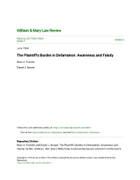 The Plaintiff's Burden in Defamation: Awareness and Falsity