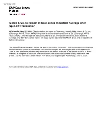 Merck & Co. to Remain in Dow Jones Industrial Average After Spin-Off