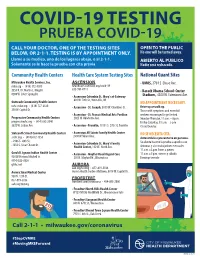 Covid-19 Testing Prueba Covid-19 Call Your Doctor, One of the Testing Sites Open to the Public Below, Or 2-1-1