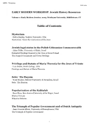 EARLY MODERN WORKSHOP: Jewish History Resources