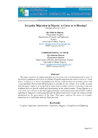 Irregular Migration in Nigeria: a Curse Or a Blessing? Published Online: 30-12-2019