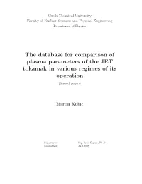 The Database for Comparison of Plasma Parameters of the JET Tokamak in Various Regimes of Its Operation