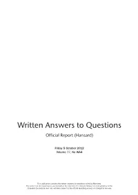 Written Answers to Questions Official Report (Hansard)