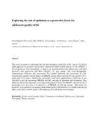 Exploring the Role of Optimism As a Protective Factor for Adolescent Quality of Life