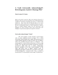 A Truth Universally Acknowledged?: Rewriting Jane Austen’S Marriage Plot1