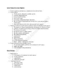 List of Topics for Linear Algebra: Basic Analysis