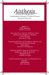 Aisthesis Volume VII • Spring 2018 Undergraduate Journal of Classical Studies Stanford University