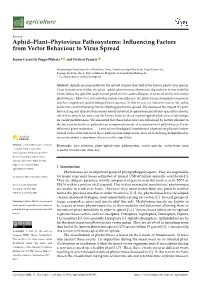 Aphid–Plant–Phytovirus Pathosystems: Inﬂuencing Factors from Vector Behaviour to Virus Spread