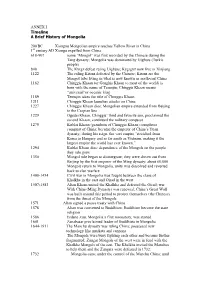 ANNEX I Timeline a Brief History of Mongolia 200 BC Xiongnu Mongolian Empire Reaches Yellow River in China 1 Century AD Xiongu E