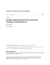 The Right to Repair Doctrine and the Use of 3D Printing Technology in Canadian Patent Law