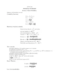 ACTS 4304 FORMULA SUMMARY Lesson 1: Basic Probability Summary of Probability Concepts Probability Functions