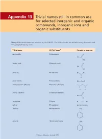 Appendix 13 Trivial Names Still in Common Use for Selected Inorganic and Organic Compounds, Inorganic Ions and Organic Substituents