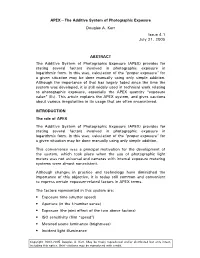 APEX—The Additive System of Photographic Exposure Douglas A
