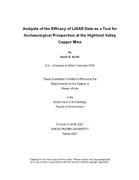 Analysis of the Efficacy of Lidar Data As a Tool for Archaeological Prospection at the Highland Valley Copper Mine