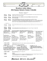 Broadway Artists Alliance 2016 Summer Intensive Session 4 Schedule