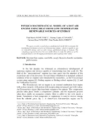 Physico-Mathematical Model of a Hot Air Engine Using Heat from Low-Temperature Renewable Sources of Energy
