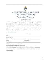 APPLICATION for ADMISSION Lay Ecclesial Ministry Formation Program
