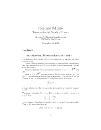 Math 249A Fall 2010: Transcendental Number Theory
