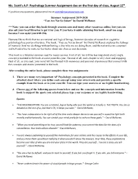 Ms. Scott's A.P. Psychology Summer Assignment Due on the First Day Of