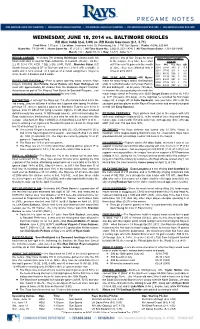 WEDNESDAY, JUNE 18, 2014 Vs. BALTIMORE ORIOLES RH Alex Cobb (2-4, 3.99) Vs