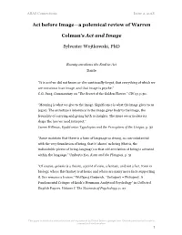 Act Before Image—A Polemical Review of Warren Colman's Act and Image