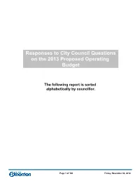 2013 Operating Budget Questions by Councillor
