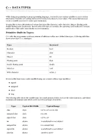 C++ DATA TYPES Rialspo Int.Co M/Cplusplus/Cpp Data Types.Htm Copyrig Ht © Tutorialspoint.Com