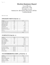 Election Summary Report General Election Utah County - Utah November 06, 2018 Summary For: All Contests, All Precincts, All Tabulators, Mail Unofficial Results