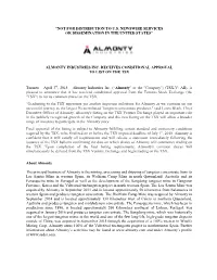 Almonty Industries Inc. Receives Conditional Approval to List on the Tsx