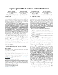 Lightweight and Modular Resource Leak Verification