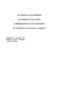 1St Annual Lalor Address on Community Relations Commemoration Of