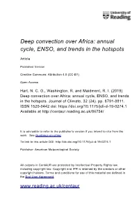 Deep Convection Over Africa: Annual Cycle, ENSO, and Trends in the Hotspots
