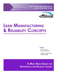 Lean Manufacturing and Reliability Concepts the Concepts Contained Within Lean Manufacturing Are Not Limited Merely to Production Systems