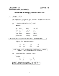 LINGUISTICS 221 LECTURE #13 Phonological Alternations (=Phonological Processes) 1. ASSIMILATION the Influence of One Segment U