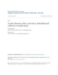 Leader Character, Ethos, and Virtue: Individual and Collective Considerations Sean T