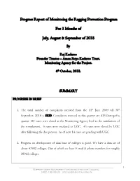 Progress Report of Monitoring the Ragging Prevention Program for 3 Months of July, August & September of 2018