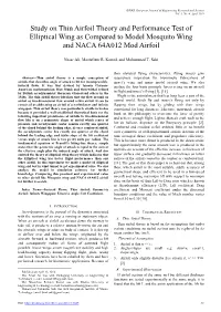 Study on Thin Airfoil Theory and Performance Test of Elliptical Wing As Compared to Model Mosquito Wing and NACA 64A012 Mod Airfoil